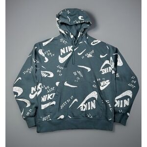 Nike All Over Swoosh Logo Print Hoodie Men M‎ Blue Pullover Pocket-EUC